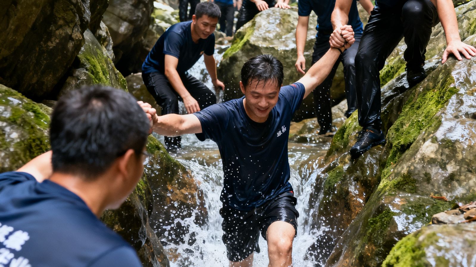 企业团建团队在峡谷中完成溯溪挑战，队员们互相协助穿过溪流岩石区